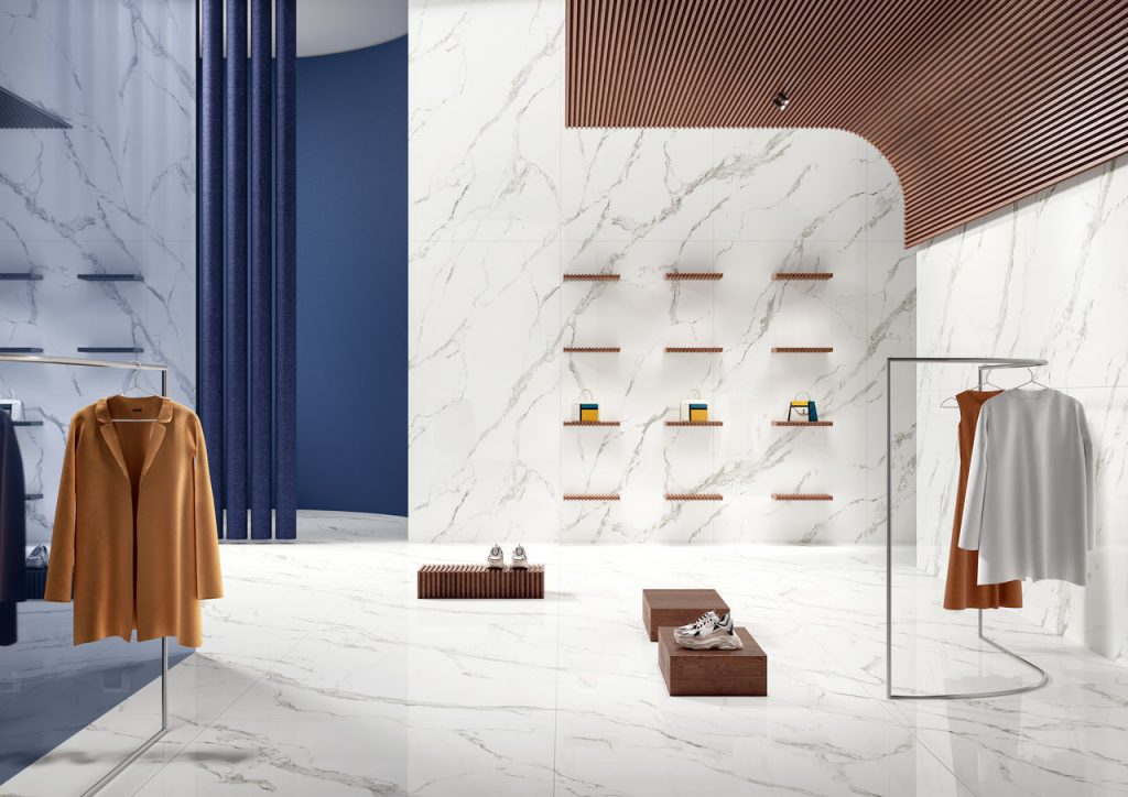 white marble look surfacing Calacatta Bellissimo
