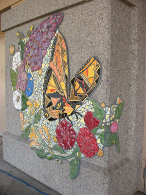 close up of tile butterfly in mural