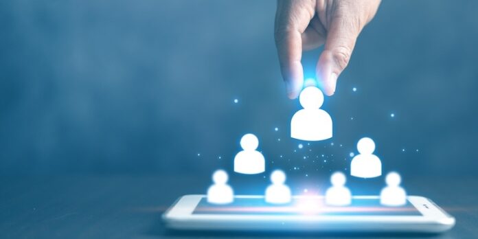Businesswoman using fingers searching for good and quality employees. officer looking for employee represented by icon. Recruitment, CRM, human resource, HR, concept of searching employee.
