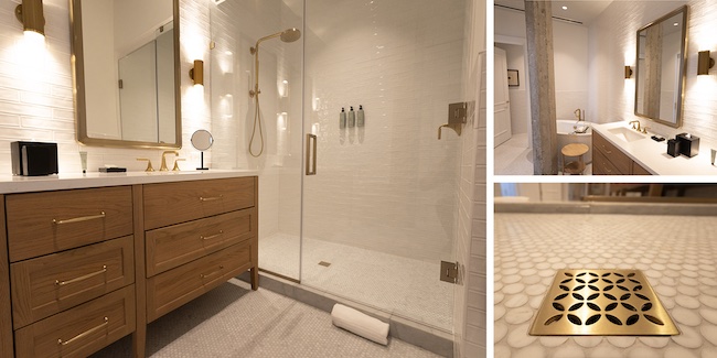 The Historic Suite at Asher Adam’s featuring the Schluter®-Shower System behind the tile. Schluter-KERDI-DRAIN with a Classic Gold grate in FLORAL design. Photos: BILD Photography.