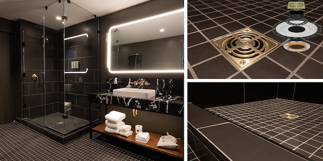 The New Tower Suite at Asher Adam’s featuring the Schluter®-Shower System behind the tile. Schluter®-KERDI-DRAIN with an Anodized Aluminum Brushed Brass grate in Contour design and adaptor kit. Photo: BILD photography.
