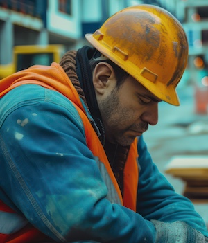 a sad construction worker sitting