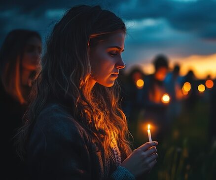 Woman holds candle, sunset vigil, remembrance
