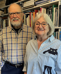 Joseph A. Taylor and Sheila A. Menzies, founders of Tile Heritage Foundation, in the Foundation’s significant tile-related library.