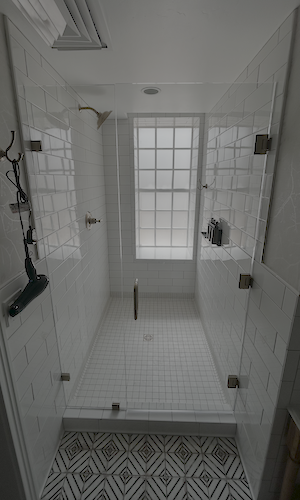 Deep window wells also received the tile treatment in the bathhouse rooms.